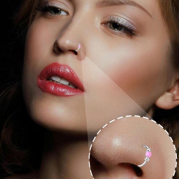 Pink Opal Hoop and Nose Studs Set Hypoallergenic Surgical Steel for Women Men - Picture 7 of 7